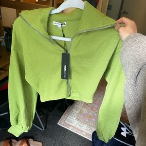 Green Knit Zip Up Crop Sweatshirt
